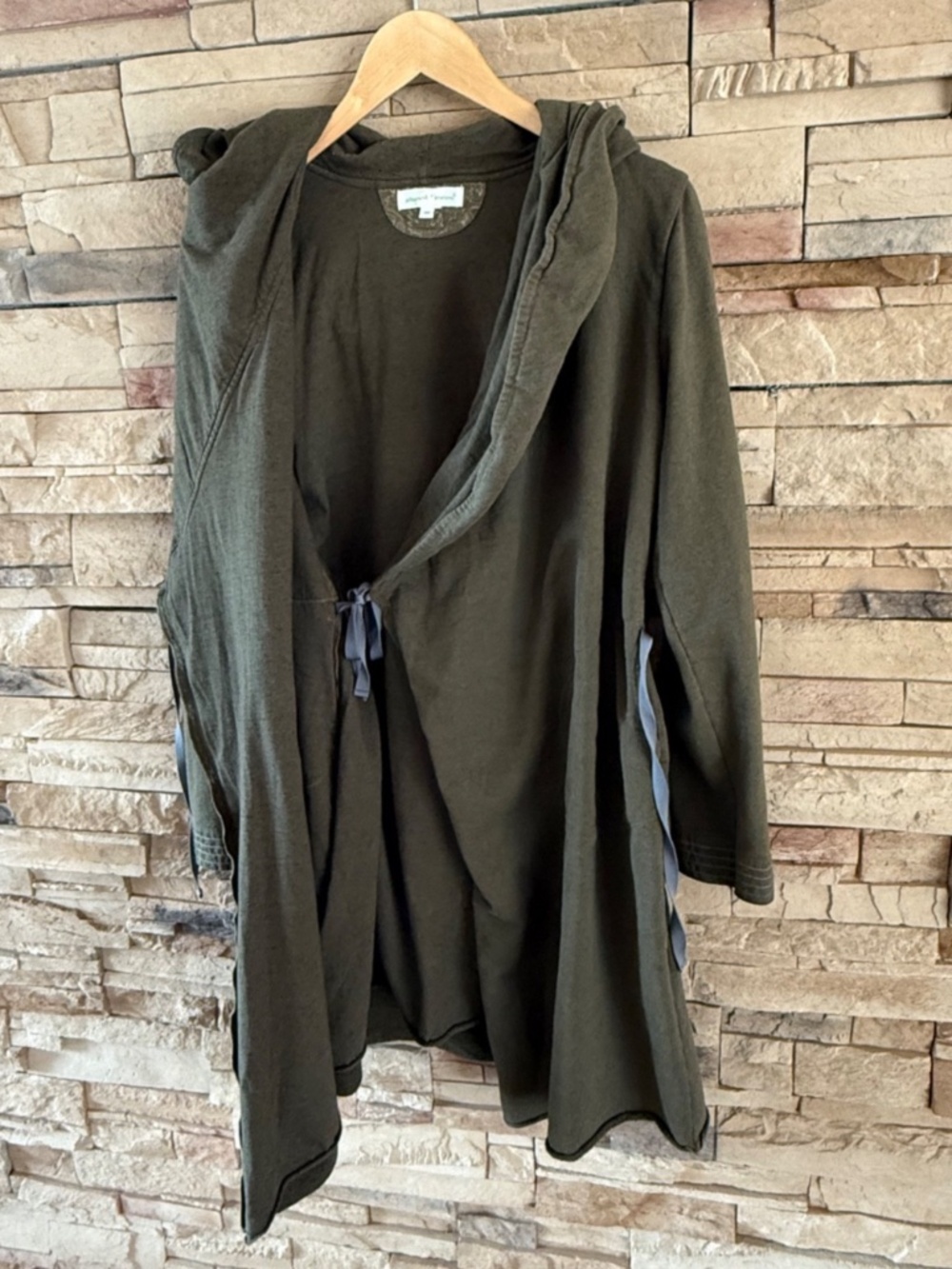Stewart + Brown Olive Green Organic Cotton Wrap Hooded Coat Size M - Picture 2 of 11